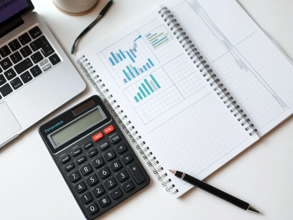 A clean desk with a calculator, a notebook with financial ch