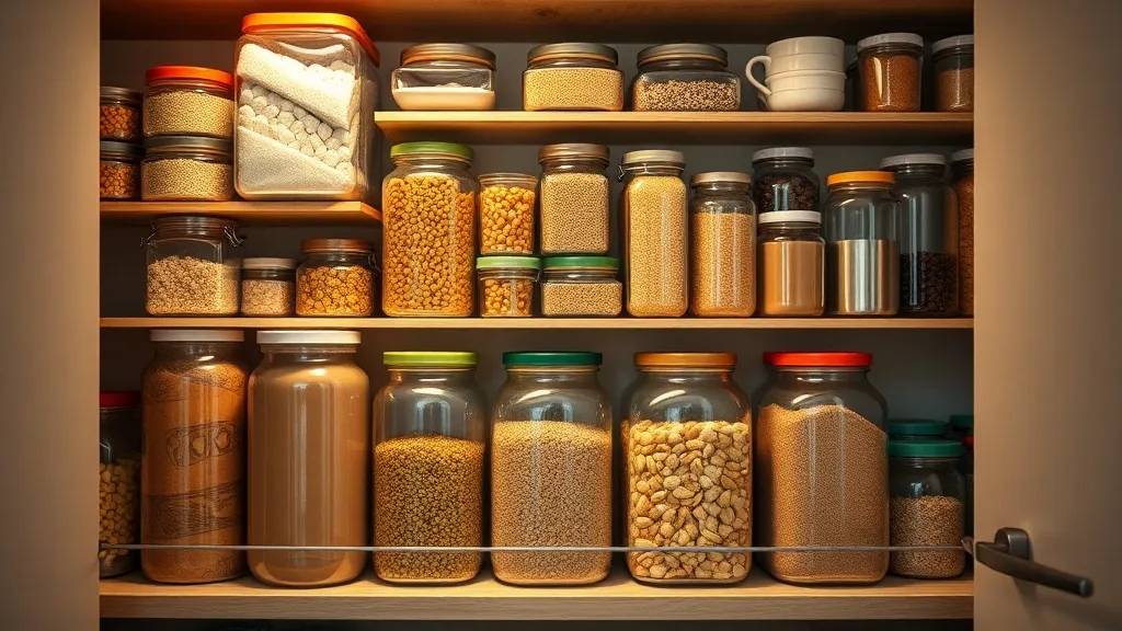 Organized pantry storage with glass jars and bulk food items