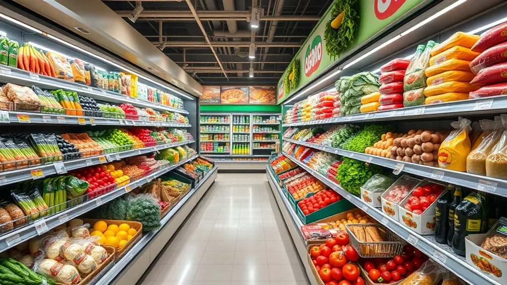 A neatly organized grocery store aisle with fresh produce in