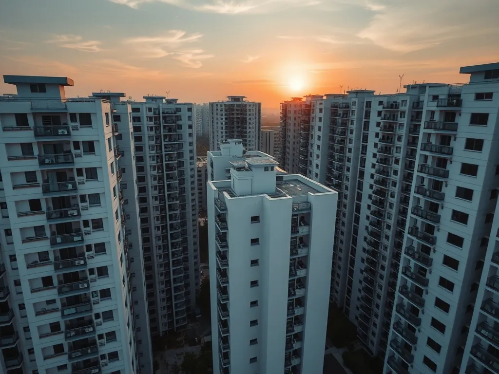 A high-angle architectural shot of modern HDB blocks in Sing