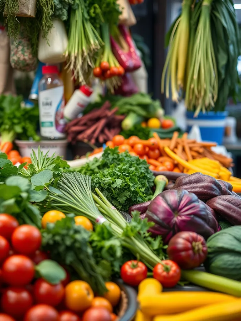 Close up of fresh tropical vegetables and herbs in a Singapo