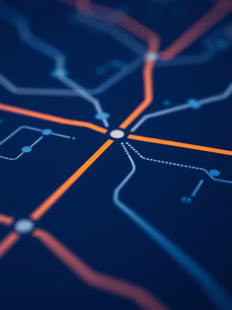 A clean, minimalist close-up of a transit map with glowing l