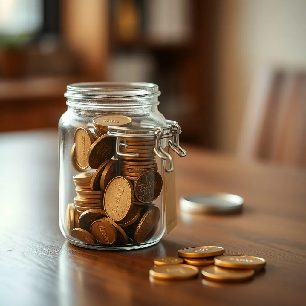 A glass jar with gold coins inside on a wooden table, blurre