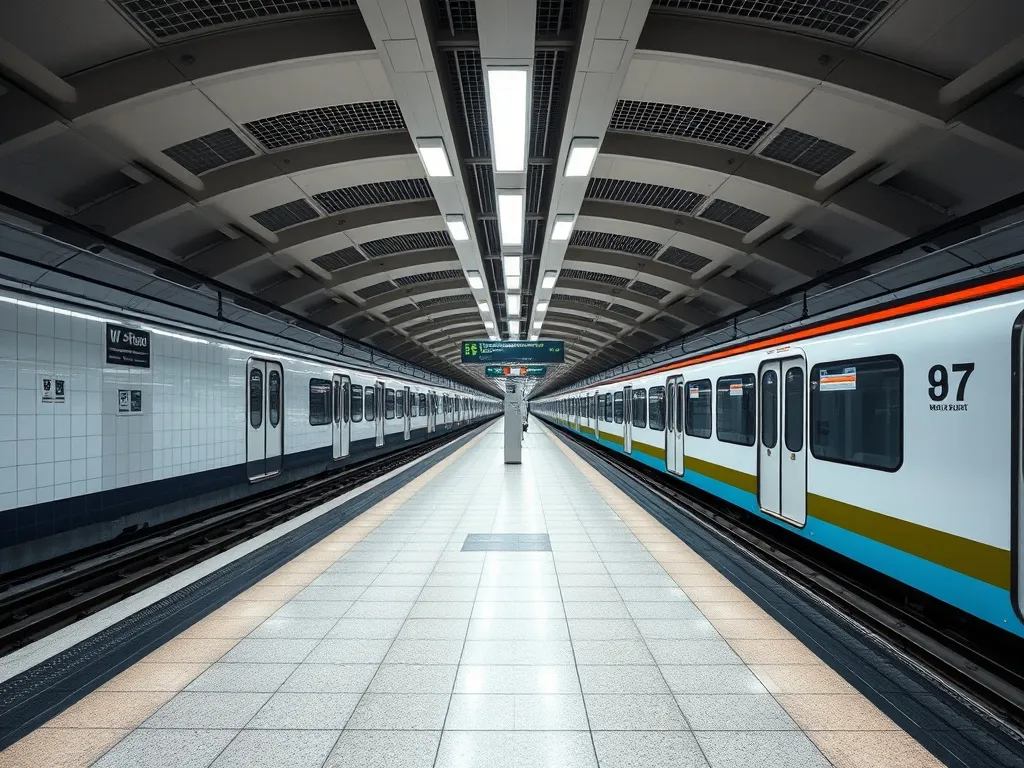 A clean, modern MRT station platform in Singapore, industria