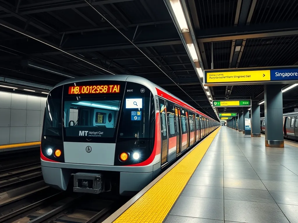 A modern Singapore MRT train arriving at a station, clean pr